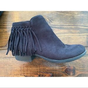 Black Suede Flat Booties with Fringe